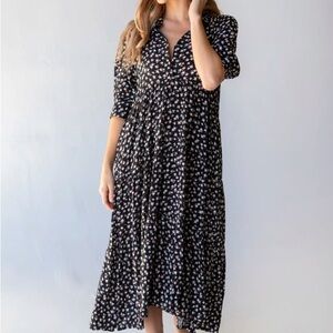 NATURAL LIFE Black and White Tiered Floral Midi Dress